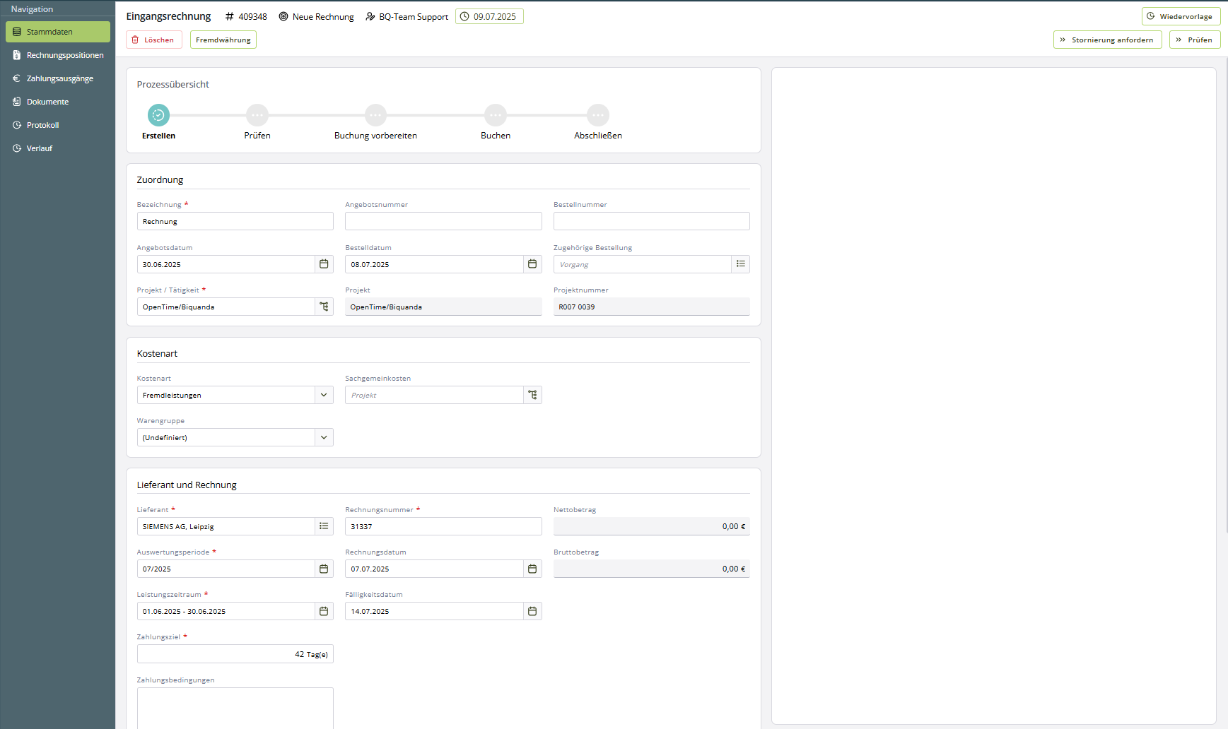 Übersicht der Eingangsrechnung