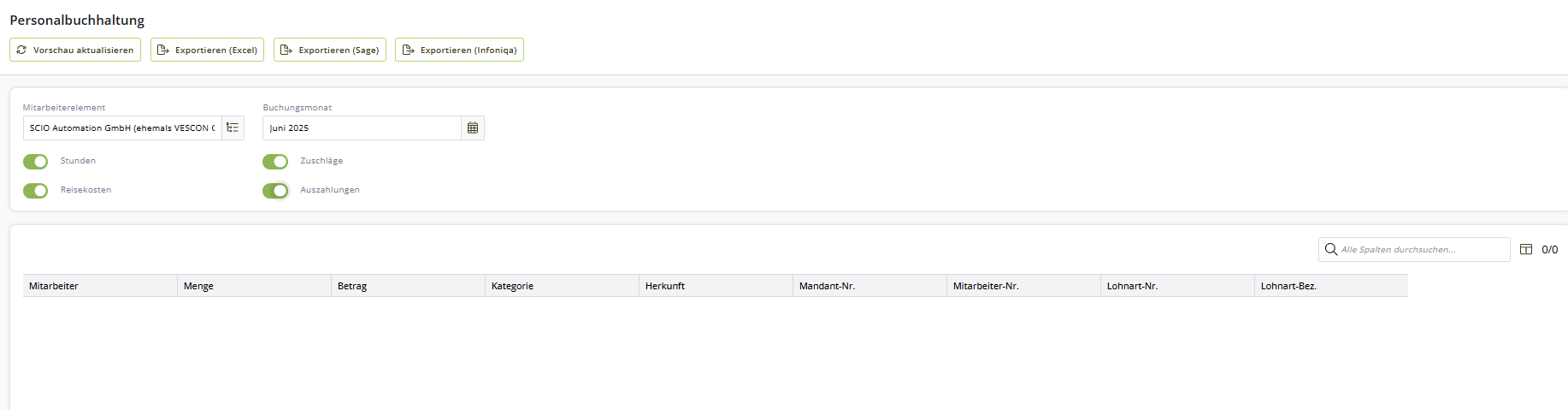 Screenshot der Personalbuchhaltung in Biquanda